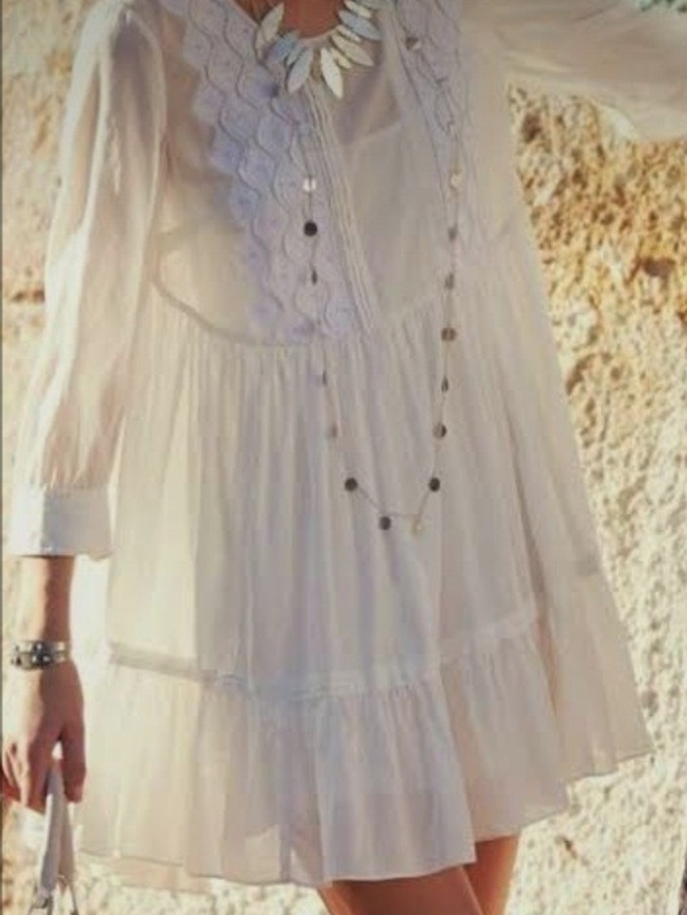 Maeve Cream Tiered Lace-Trim Mini Dress